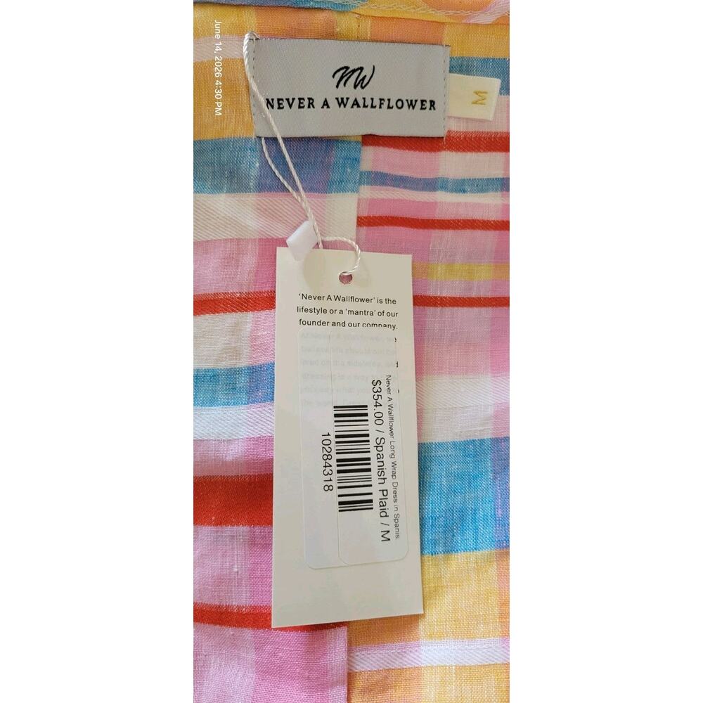 Never A Wallflower Ruffle Long Wrap Linen Dress Pink Spanish Plaid Sz M - Picture 7 of 8